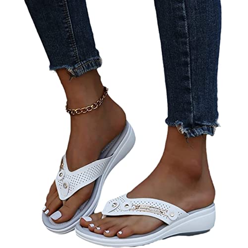 EXECAB Damen Orthopädische Zehentrenner Sandalen Damen Strass Flip-Flops Sommer PU-Leder Clip -Toe Pantoffeln Gummi Plateau Slippers Freizeit Strandschuhe,Weiß,37 von EXECAB