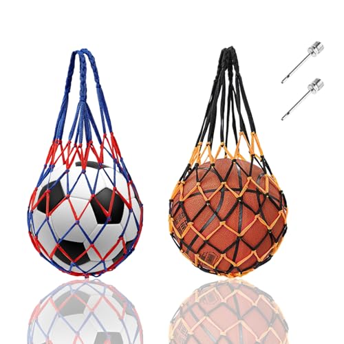 2 Stück Basketball Netz Tasche, Ballnetz Net Tasche, Tragbare Ballnetz 1 Ball, FußBallnetze Netztaschen mit 2 Ballpumpe Nadeln, Ballnetz Nylon-Netztasche für Basketball, Volleyball, Fußball, Handball von EXIN DECHEN