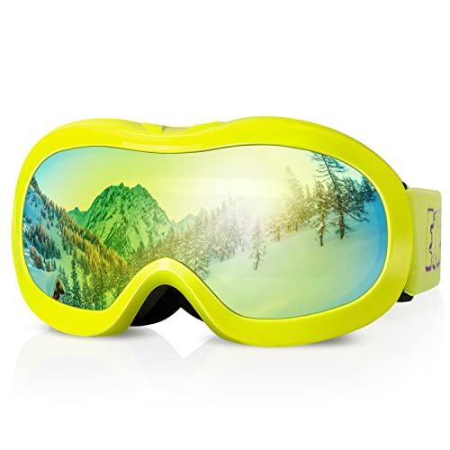 EXP VISION Kinder-Skibrille Anti-Fog Kinder-Snowboardbrille mit UV-Schutz, Überbrille Schneebrille für Jungen Mädchen Jugend (Gelber Rahmen/Goldene Linse) von EXP VISION