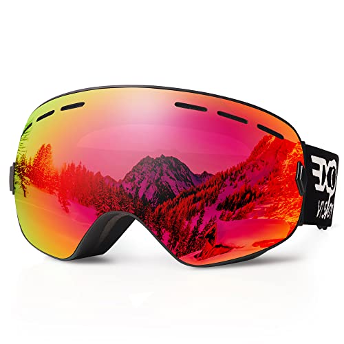 EXP VISION Snowboard Skibrille für Herren Damen Jugend, 100% UV400 Schutz Anti Beschlag über der Brille Winter Schneebrille mit sphärischer abnehmbarer Scheibe (Rot) von EXP VISION