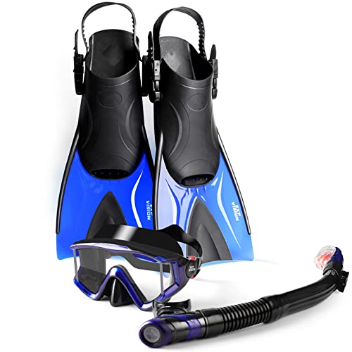 Erwachsene Tauchmaske Flossen Schnorchel-Set, Schnorchelausrüstung Anti-Fog-Tauchmaske Anti-Leck-Trockenschnorchel, Tauchflossen-Kit zum Schnorcheln Schwimmen (Large - Blue Set) von EXP VISION