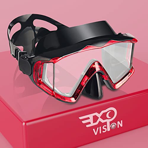 Pano 3 Fensteransicht Tauchmaske für Erwachsene, Schnorchel-Tauchmaske aus gehärtetem Glas, Premium-Schwimmbrille mit Nasenabdeckung zum Schnorcheln, Freitauchen, Schwimmen (Rot) von EXP VISION