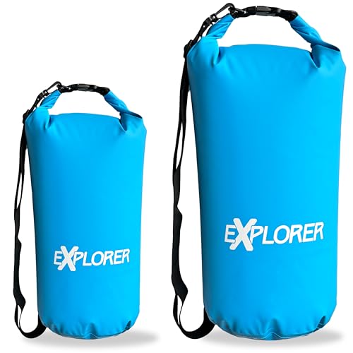 EXPLORER® Dry Bag 10L & 20L Packsack Wasserdicht in Blau Verstellbarer Schultergurt – Ideale Rolltop Tasche für SUP Kajak Wandern, Camping, Angeln, Bootfahren und Rafting von EXPLORER