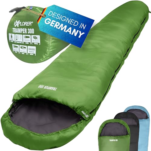 EXPLORER® Tramper 300 Schlafsack Grün -16°C +13°C [300g/m²] 3 Jahreszeiten Leichter Mumienschlafsack für Erwachsene[1500g] 230x80x55cm kombinierbar für Outdoor, Camping, Trekking und Reisen von EXPLORER