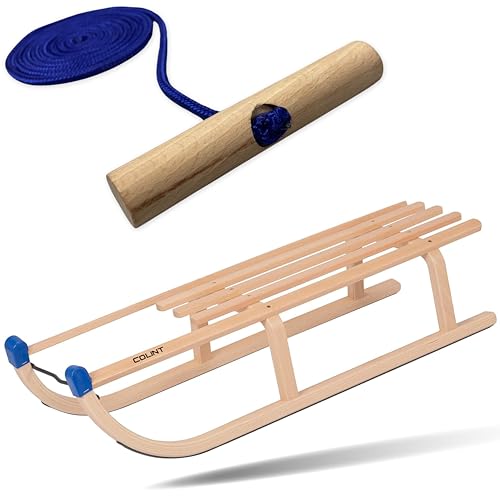 Explorer Colint Holz Holzschlitten mit Rückenlehne für Kinder ab 1 Jahr und Erwachsene und Erwachsene Set Schlitten Davos mit Leine in Blau 100cm von EXPLORER