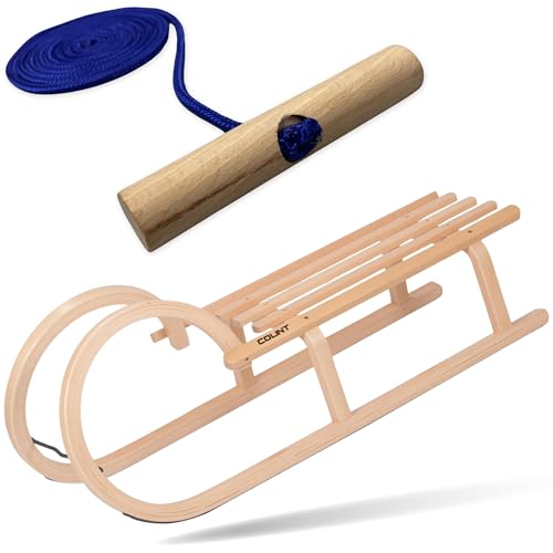 Explorer Colint Holzschlitten 100cm für Kinder ab 1 Jahr und Erwachsene Set Schlitten Hörnerschlitten aus Holz mit 150cm Leine in Blau und Holzgriff von EXPLORER