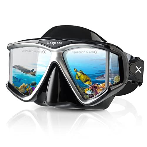 Dry Top Snorkel Mask Set, Anti Fog Tempered Glasses Tauchmaske Goggles mit Schnorchel, Professional Pano 4 Windows Adult Snorkeling Gear for Swimming Diving Scuba (Black) von EXROSSI