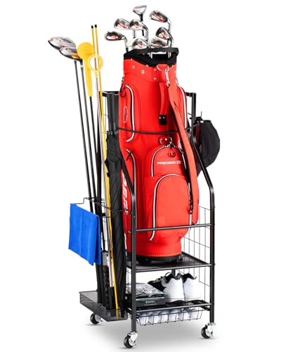 EXTCCT Golftaschen-Aufbewahrungs-Organizer: Golftaschenständer passend für 1 Golftasche und Golfschläger, Golfbälle, Golfausrüstungszubehör, extra großes Golftaschen-Aufbewahrungsregal für Garage von EXTCCT
