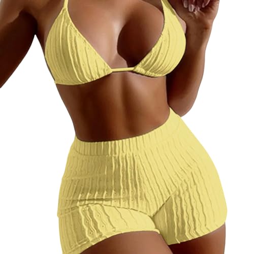 EZCOMF Bikini Damen Set Badeanzug Split Solid Color Bikini Badeanzug Für Frauen-gelb-XL von EZCOMF
