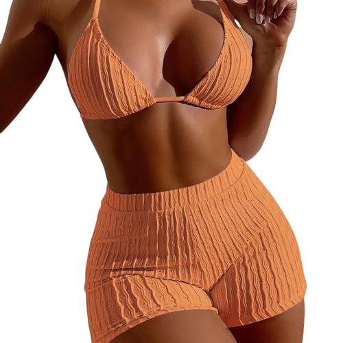 EZCOMF Bikini Damen Set Badeanzug Split Solid Color Bikini Badeanzug Für Frauen-orange-XL von EZCOMF
