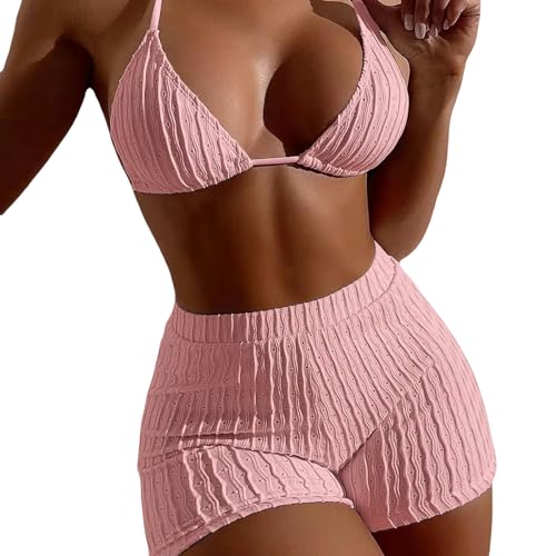 EZCOMF Bikini Damen Set Badeanzug Split Solid Color Bikini Badeanzug Für Frauen-rosa-XL von EZCOMF