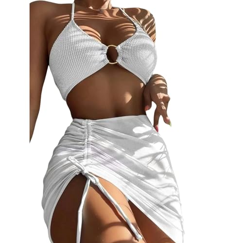 EZCOMF Bikini Damen Set Elastischer Bikini-Set Für Sommer Dreiteilige Feste Farbschnüre-Frauen Badeanzug Strandanzug Badeanzug Badebekleidung-Weiss-XL von EZCOMF