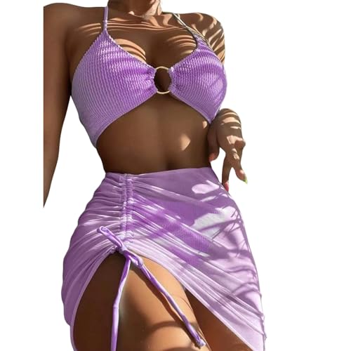 EZCOMF Bikini Damen Set Elastischer Bikini-Set Für Sommer Dreiteilige Feste Farbschnüre-Frauen Badeanzug Strandanzug Badeanzug Badebekleidung-a-l von EZCOMF