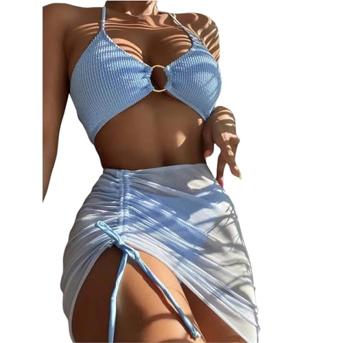 EZCOMF Bikini Damen Set Elastischer Bikini-Set Für Sommer Dreiteilige Feste Farbschnüre-Frauen Badeanzug Strandanzug Badeanzug Badebekleidung-blau-XL von EZCOMF