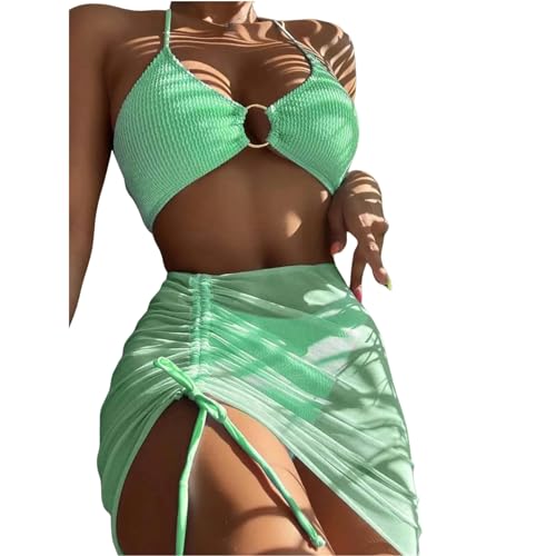 EZCOMF Bikini Damen Set Elastischer Bikini-Set Für Sommer Dreiteilige Feste Farbschnüre-Frauen Badeanzug Strandanzug Badeanzug Badebekleidung-grün-XL von EZCOMF