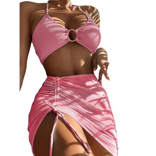 EZCOMF Bikini Damen Set Elastischer Bikini-Set Für Sommer Dreiteilige Feste Farbschnüre-Frauen Badeanzug Strandanzug Badeanzug Badebekleidung-rosa-XL von EZCOMF