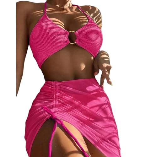 EZCOMF Bikini Damen Set Elastischer Bikini-Set Für Sommer Dreiteilige Feste Farbschnüre-Frauen Badeanzug Strandanzug Badeanzug Badebekleidung-rosenrot-m von EZCOMF