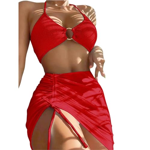 EZCOMF Bikini Damen Set Elastischer Bikini-Set Für Sommer Dreiteilige Feste Farbschnüre-Frauen Badeanzug Strandanzug Badeanzug Badebekleidung-rot-XL von EZCOMF