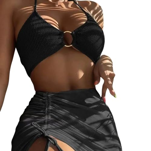 EZCOMF Bikini Damen Set Elastischer Bikini-Set Für Sommer Dreiteilige Feste Farbschnüre-Frauen Badeanzug Strandanzug Badeanzug Badebekleidung-schwarz-XL von EZCOMF