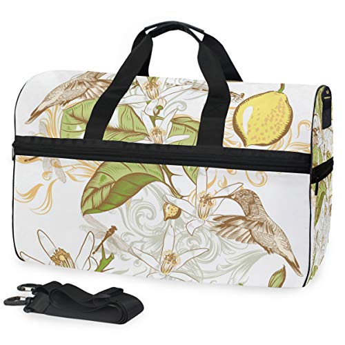 EZIOLY Handgezeichnete Reisetasche mit Zitronenblumen, Kolibri, für Damen und Herren von EZIOLY