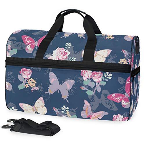 EZIOLY Reisetasche für Damen und Herren, Motiv: Rose mit Schmetterling, Marineblau von EZIOLY