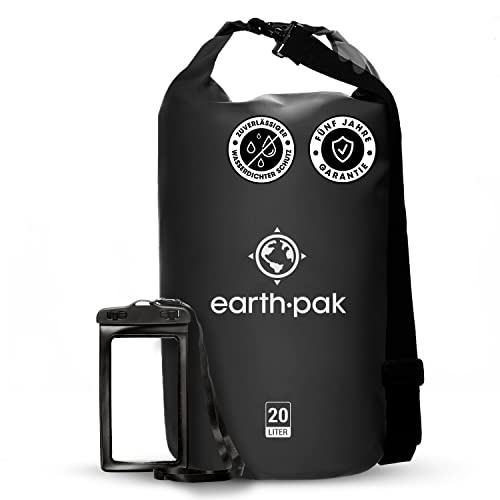 Earth Pak – Wasserdichter Packsack mit Schultergurt und wasserfester Handyhülle – Ideale Rolltop Tasche beim Kajak Fahren, Wandern, Camping, Angeln, Bootfahren und Rafting (Schwarz, 40L) von Earth Pak