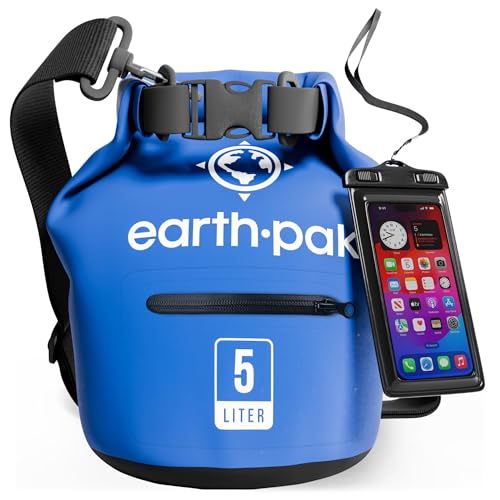 Earth Pak Dry Bag – Wasserdichter Packsack mit Reißverschluss Tasche, Schultergurt und wasserfester Handyhülle – Ideal beim Kajak Fahren, Camping, Angeln, Bootfahren und Rafting (Blau, 5L) von Earth Pak
