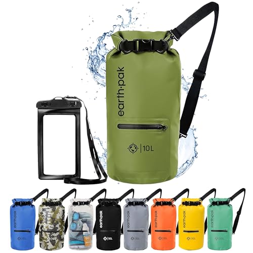 Earth Pak Dry Bag – Wasserdichter Packsack mit Reißverschluss Tasche, Schultergurt und wasserfester Handyhülle – Ideal beim Kajak Fahren, Camping, Angeln, Bootfahren und Rafting (Grün, 5L) von Earth Pak