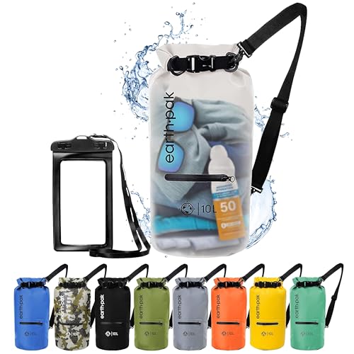 Earth Pak Dry Bag – Wasserdichter Packsack mit Reißverschluss Tasche, Schultergurt und wasserfester Handyhülle – Ideal beim Kajak Fahren, Camping, Angeln, Bootfahren und Rafting (Klar, 5L) von Earth Pak