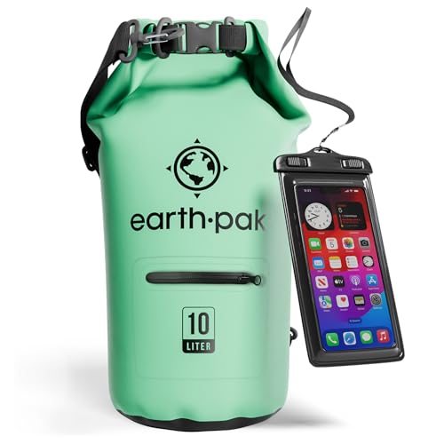 Earth Pak Dry Bag – Wasserdichter Packsack mit Reißverschluss Tasche, Schultergurt und wasserfester Handyhülle – Ideal beim Kajak Fahren, Camping, Angeln, Bootfahren und Rafting (Meerschaumgrün, 10L) von Earth Pak