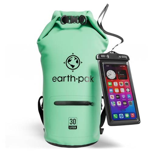 Earth Pak Dry Bag – Wasserdichter Packsack mit Reißverschluss Tasche, Schultergurt und wasserfester Handyhülle – Ideal beim Kajak Fahren, Camping, Angeln, Bootfahren und Rafting (Meerschaumgrün, 30L) von Earth Pak