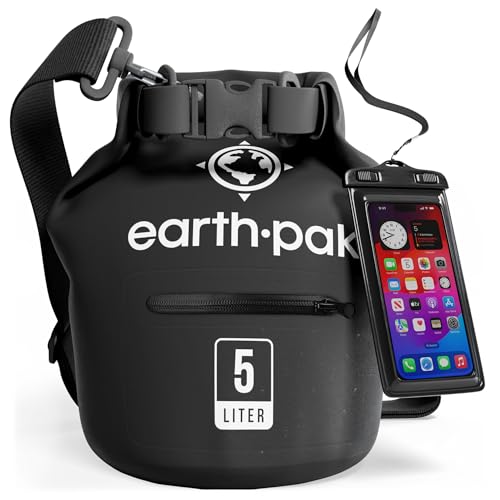 Earth Pak Dry Bag – Wasserdichter Packsack mit Reißverschluss Tasche, Schultergurt und wasserfester Handyhülle – Ideal beim Kajak Fahren, Camping, Angeln, Bootfahren und Rafting (Schwarz, 5L) von Earth Pak