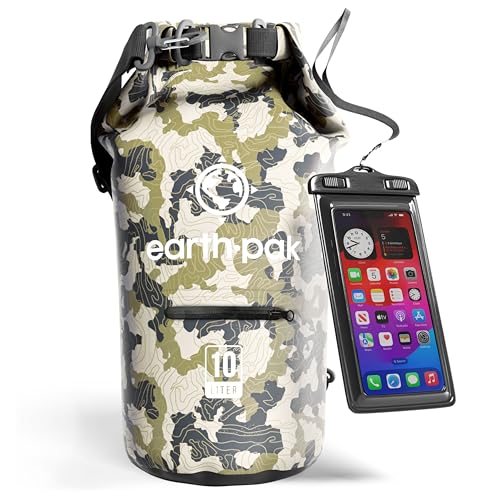 Earth Pak Dry Bag – Wasserdichter Packsack mit Reißverschluss Tasche, Schultergurt und wasserfester Handyhülle – Ideal beim Kajak Fahren, Camping, Angeln, Bootfahren und Rafting (Tarnung, 10L) von Earth Pak