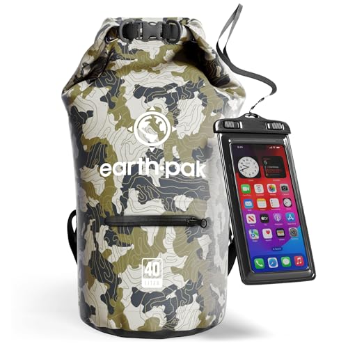 Earth Pak Dry Bag – Wasserdichter Packsack mit Reißverschluss Tasche, Schultergurt und wasserfester Handyhülle – Ideal beim Kajak Fahren, Camping, Angeln, Bootfahren und Rafting (Tarnung, 30L) von Earth Pak