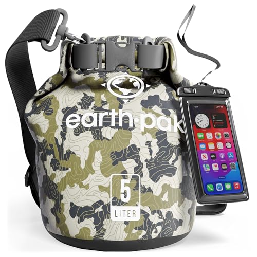 Earth Pak Dry Bag – Wasserdichter Packsack mit Schultergurt und wasserfester Handyhülle – Ideale Rolltop Tasche beim Kajak Fahren, Wandern, Camping, Angeln, Bootfahren und Rafting (Tarnung, 5L) von Earth Pak