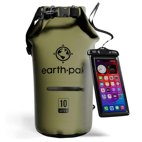 Earth Pak Dry Bag – Wasserdichter Packsack mit Reißverschluss Tasche, Schultergurt und wasserfester Handyhülle – Ideal beim Kajak Fahren, Camping, Angeln, Bootfahren und Rafting (Grün, 10L) von Earth Pak