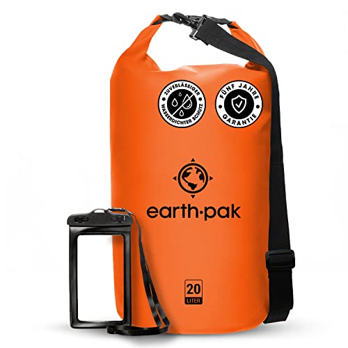 Earth Pak – Wasserdichter Packsack mit Schultergurt und wasserfester Handyhülle – Ideale Rolltop Tasche beim Kajak Fahren, Wandern, Camping, Angeln, Bootfahren und Rafting (Orange, 20L) von Earth Pak