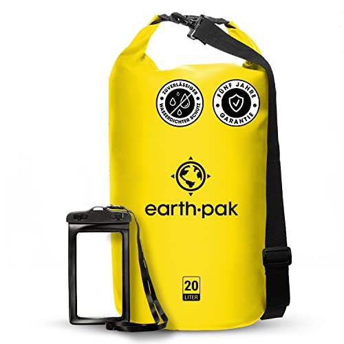 Earth Pak – Wasserdichter Packsack mit Schultergurt und wasserfester Handyhülle – Ideale Rolltop Tasche beim Kajak Fahren, Wandern, Camping, Angeln, Bootfahren und Rafting (Gelb, 40L) von Earth Pak