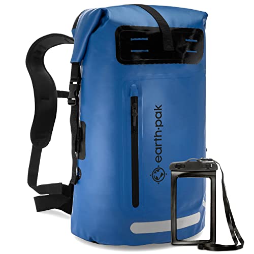 Earth Pak Summit wasserdichter Rucksack, Backpack mit leistungsstarkem Reißverschluss und Rolltop, wasserfester Handyhülle Blau 55L von Earth Pak