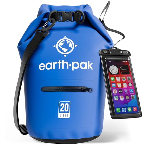 Earth Pak Dry Bag – wasserdichter Packsack mit Reißverschluss Tasche, Schultergurt und wasserfester Handyhülle – ideal beim Kajak Fahren, Camping, Angeln, Bootfahren und Rafting (Blau, 20L) von Earth Pak