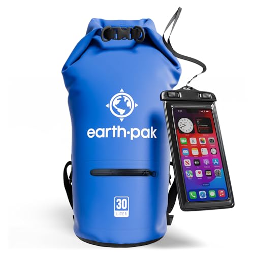 Earth Pak Torrent Serie Dry Bag wassersdichte Tasche mit verstellbarem Schultergurt und wasserfester Handyhülle Ideal beim Kajak Fahren Angeln Rafting Blau 30L von Earth Pak