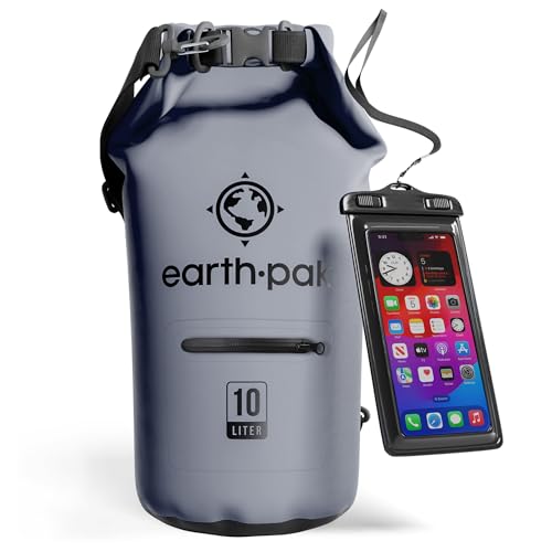 Earth Pak Torrent Serie Dry Bag wassersdichte Tasche mit verstellbarem Schultergurt und wasserfester Handyhülle Ideal beim Kajak Fahren Angeln Rafting Grau 10L von Earth Pak