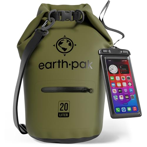 Earth Pak Torrent Serie Dry Bag wassersdichte Tasche mit verstellbarem Schultergurt und wasserfester Handyhülle Ideal beim Kajak Fahren Angeln Rafting Grün 20L von Earth Pak