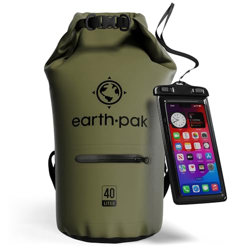 Earth Pak Torrent Serie Dry Bag wassersdichte Tasche mit verstellbarem Schultergurt und wasserfester Handyhülle Ideal beim Kajak Fahren Angeln Rafting Grün 40L von Earth Pak