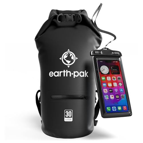 Earth Pak Torrent Serie Dry Bag wassersdichte Tasche mit verstellbarem Schultergurt und wasserfester Handyhülle Ideal beim Kajak Fahren Angeln Rafting Schwarz 30L von Earth Pak