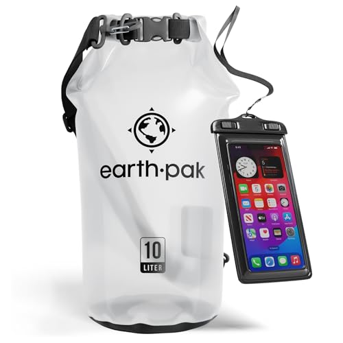 Earth Pak – Wasserdichter Packsack mit Schultergurt und wasserfester Handyhülle – Ideale Rolltop Tasche beim Kajak Fahren, Wandern, Camping, Angeln, Bootfahren und Rafting (Klar, 10L) von Earth Pak
