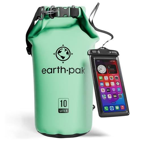 Earth Pak - Wasserdichter Packsack mit Schultergurt und wasserfester Handyhülle – Ideale Rolltop Tasche beim Kajak Fahren, Wandern, Camping, Angeln, Bootfahren und Rafting (Meerschaumgrün, 10L) von Earth Pak