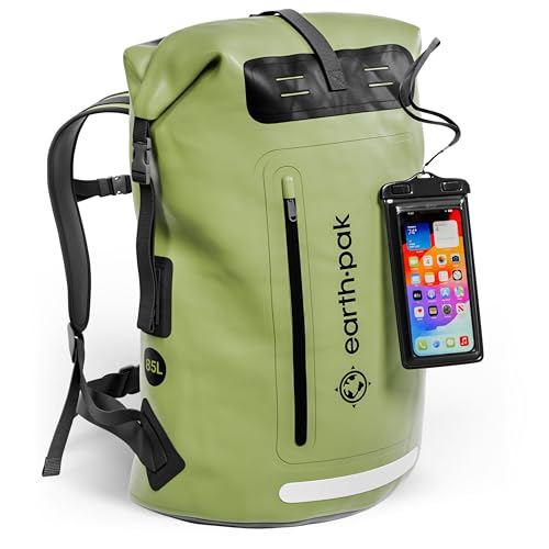 Earth Pak wasserdichter Rucksack – 35L / 55L Waterproof Backpack mit leistungsstarkem Rolltop Rollverschluss, Reißverschluss Tasche und IPX8 wasserfester Handyhülle (Grün, 85L) von Earth Pak