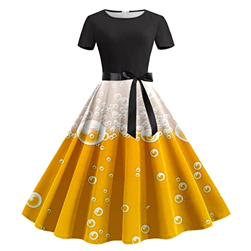 Damen Dirndelkleider Große Größen Trachtenkleid Frauen Sommer Casual Rundhals Kurzarm Kleid Abnehmbarem Gürtel Spaß Oktoberfest Print Casual Kleid Spitze Damen Midikleid Damen Elegant Hochzeit von Eauptffy