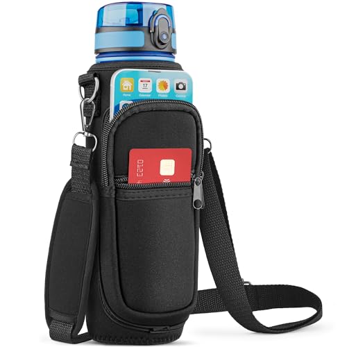 EcoEarth Wasserflaschen-Tragetasche (schwarz), Flaschentaschenhalter mit verstellbarem Schultergurt und 2 praktischen Taschen, Trinklösung für Wandern und Laufen von EcoEarth